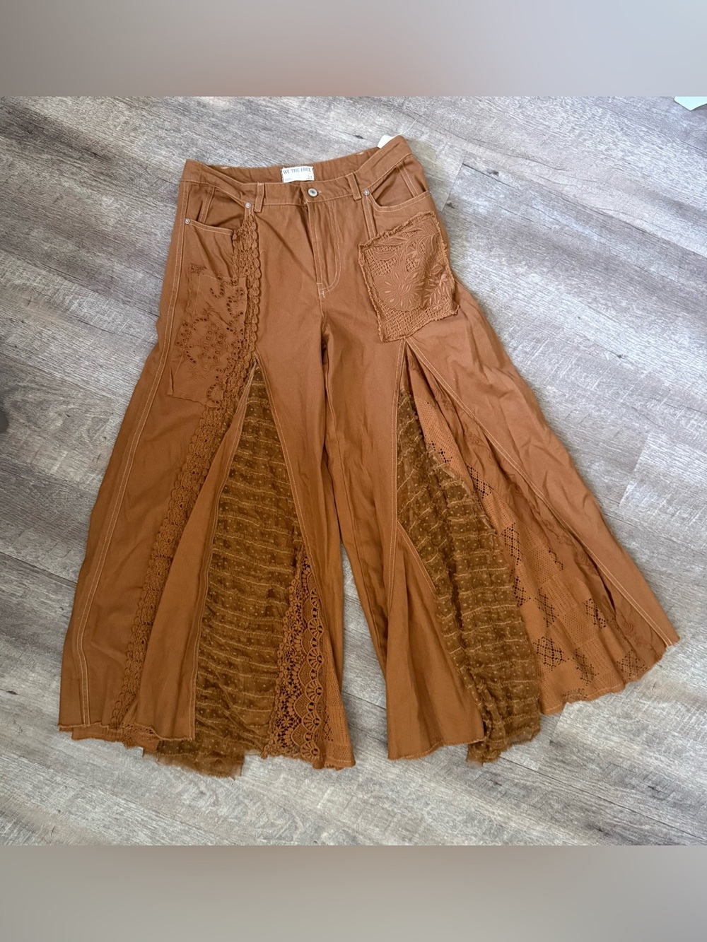 Free People Wide-Leg Crochet Panel Pants in Rust
